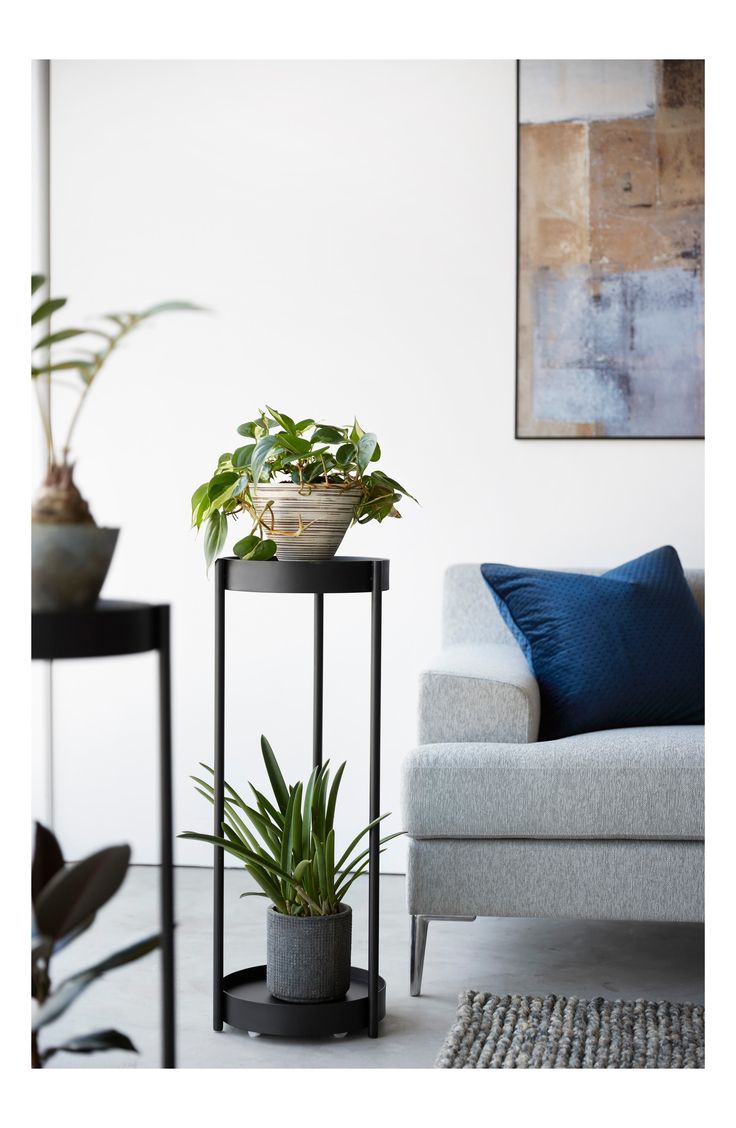 two potted plants sitting on top of a metal stand next to a white couch