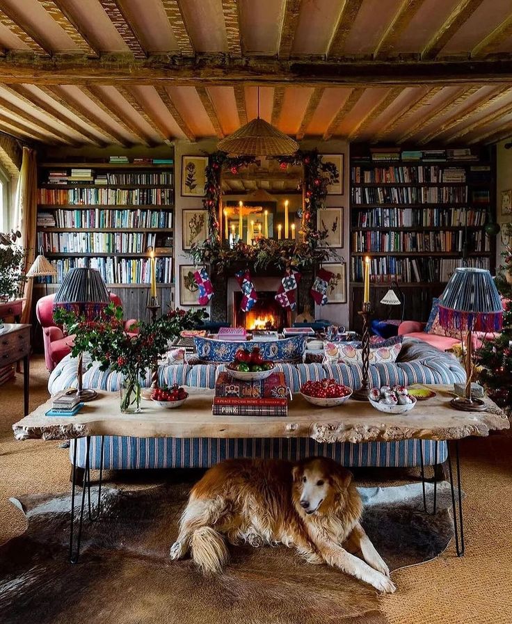 a dog laying on the floor in front of a table with bookshelves and couches