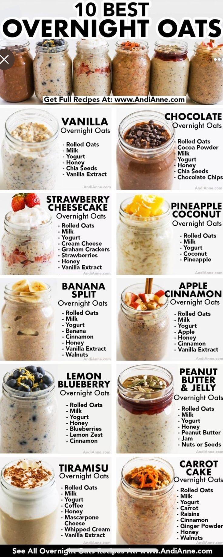 the top ten overnight oatmeal recipe is shown in this poster, which shows different