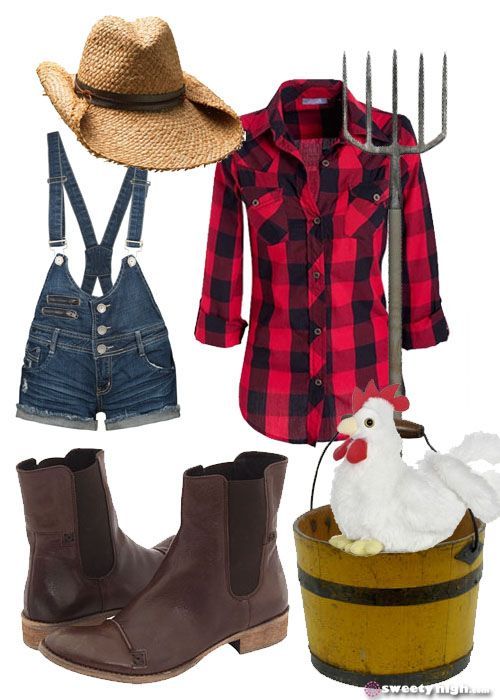 four different types of clothing and accessories including boots, overalls, cowboy hats, and a chicken