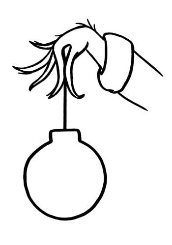 a black and white drawing of a hand reaching for a hanging ornament on a string