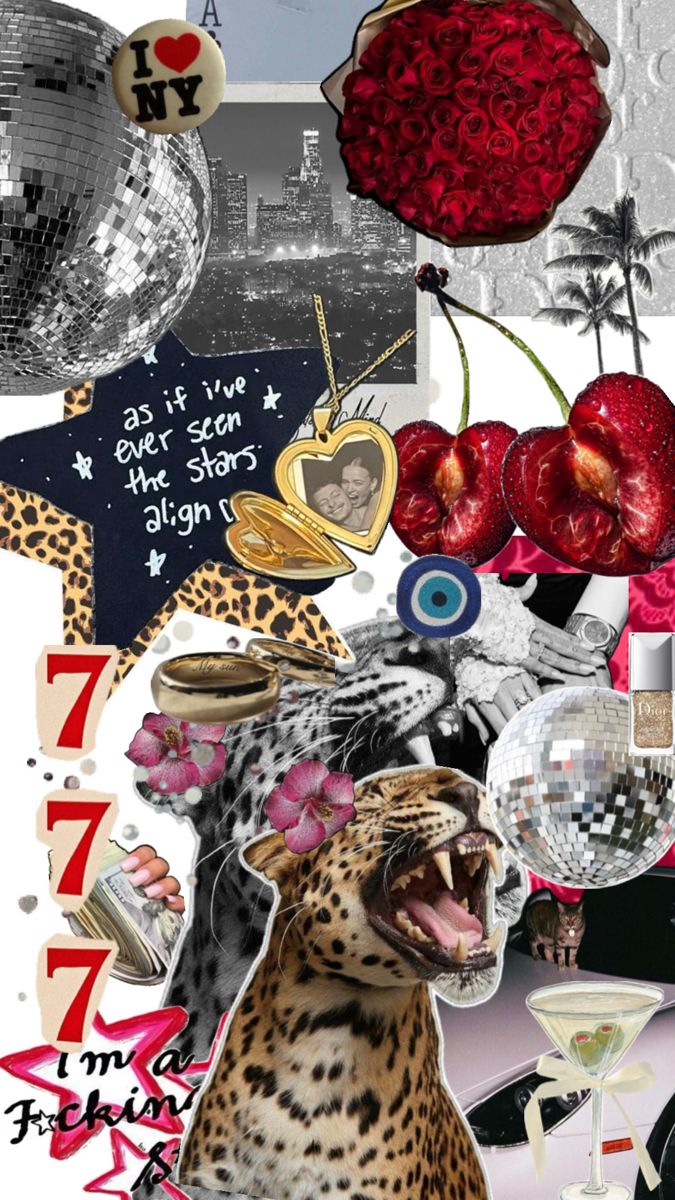 a collage with various pictures and objects including an animal, cherries, roses, glasses, mirror balls, etc