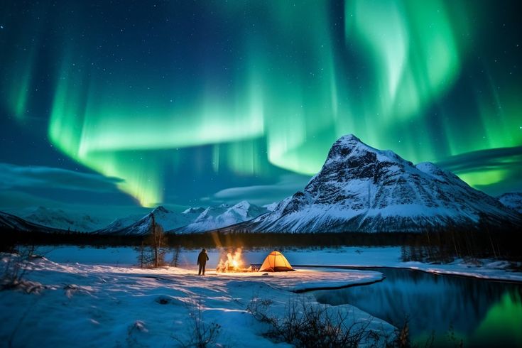 two people standing in front of a tent under an aurora bore with the northern lights