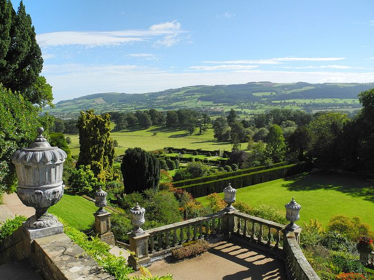 an outdoor garden with steps leading down to the lawn and gardens on both sides, surrounded by lush greenery