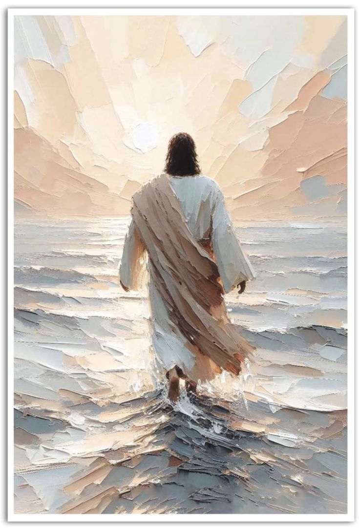 a painting of jesus walking in the water with his arms spread out to the side