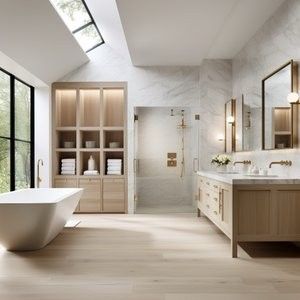 a large bathroom with two sinks and a bathtub in front of a glass window