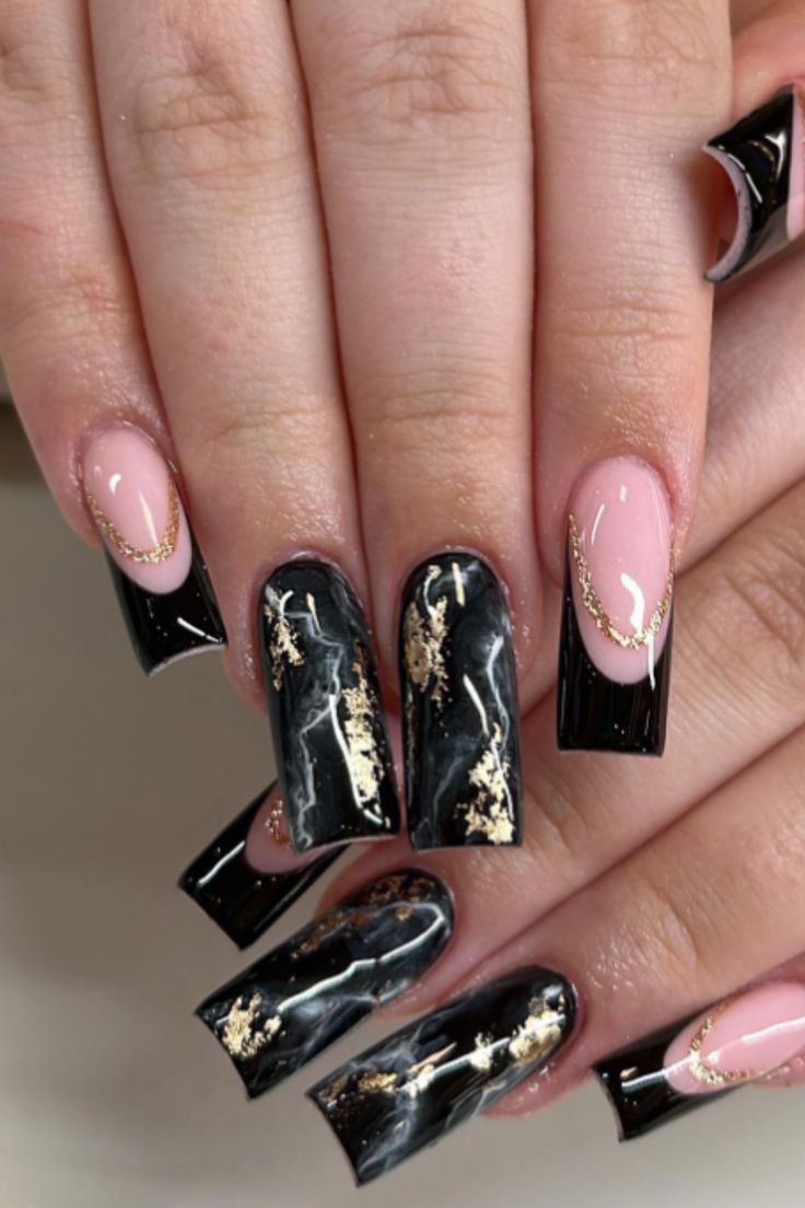 Extravagant and dramatic with specs of gold foil, this black marble nail art design on square tips will make a bold style statement. Extravagant Black Nails, Black And Marble Nails, Birthday Nails Black And Gold, Black And Gold Square Nails, Black Marble Nail Art, Black And Gold Marble Nails, Black Marble Nail Designs, Extravagant Nails Designs, Nail Ideas Silver