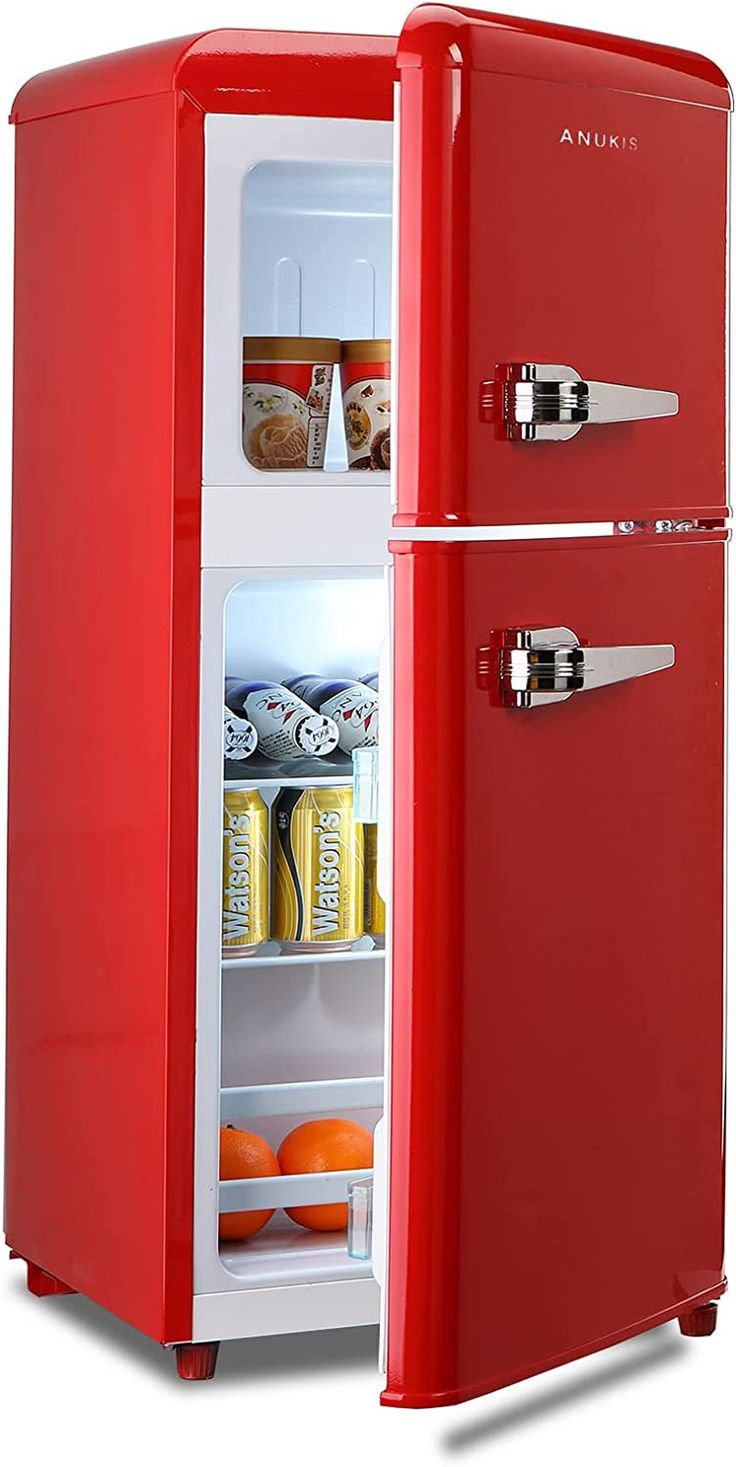 a red refrigerator with its door open and food inside