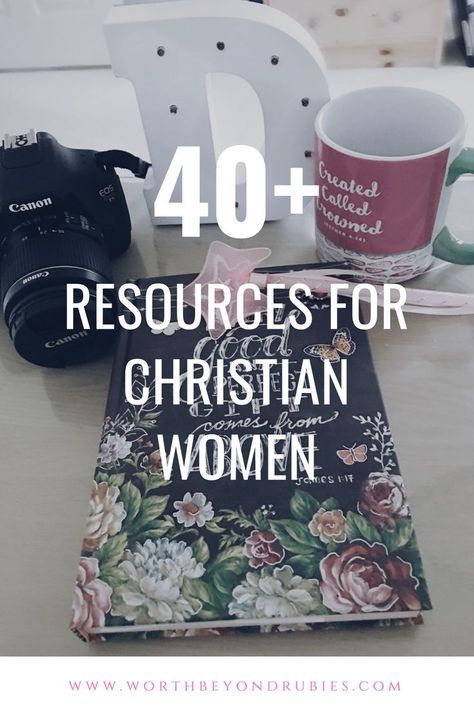 a table with coffee mugs, camera and book on it that says 40 resources for christian women