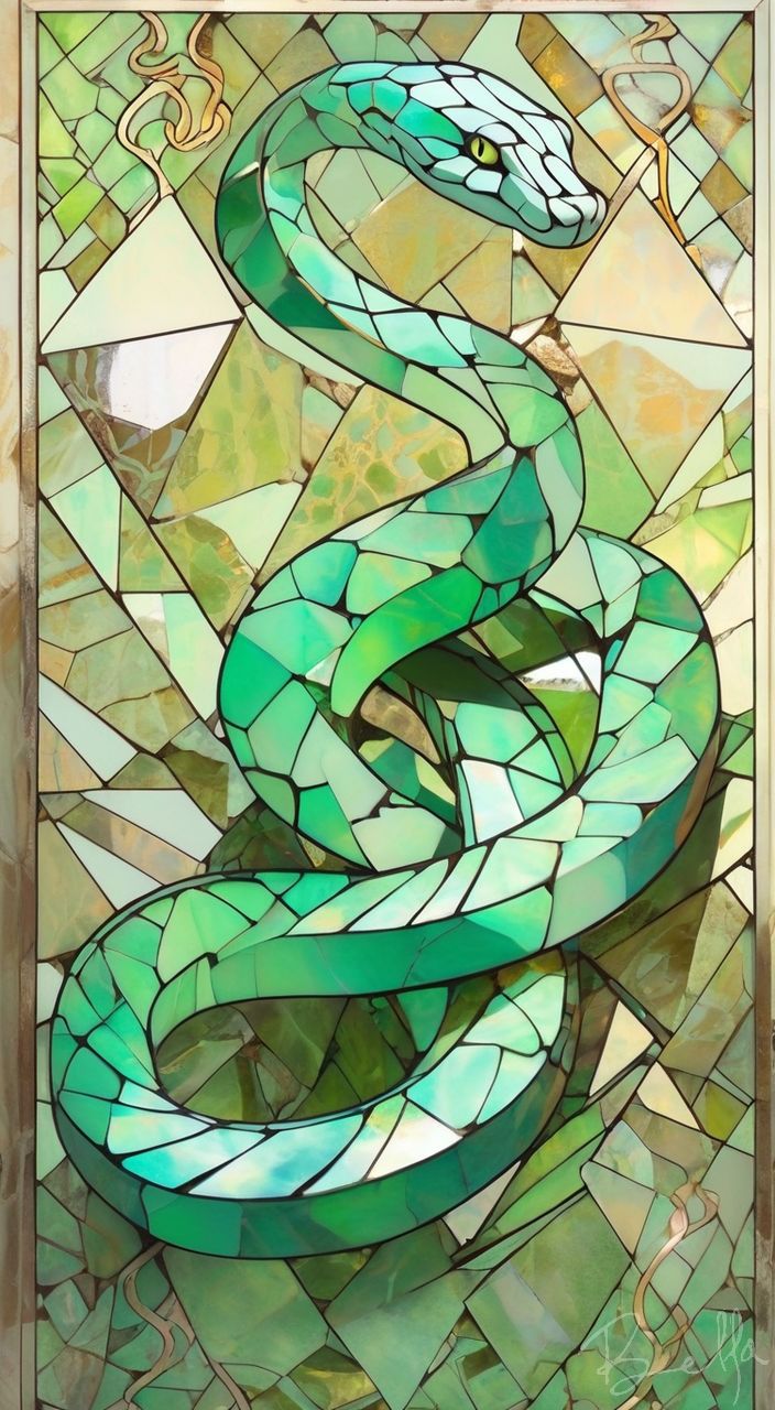 a stained glass window with a snake on it