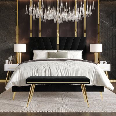 Mercer41 Color: Black, Bed Size: Queen | Mercer41 Lakeysa 4 Piece Bedroom Set 47.83 H x 64.37 W x 85.63 D in yellow / Metal in Black | Queen | Wayfair Black And Gold Bedroom Furniture, Bedroom Inspirations For Small Rooms, Bed Inspo, Contemporary Bedroom Sets, Twin Bedroom Sets, Wood Bedroom Sets, Black Bed, Wall Panels Bedroom, King Upholstered Bed