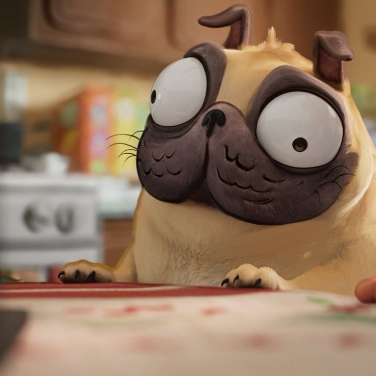 a cartoon dog with big eyes sitting on the floor