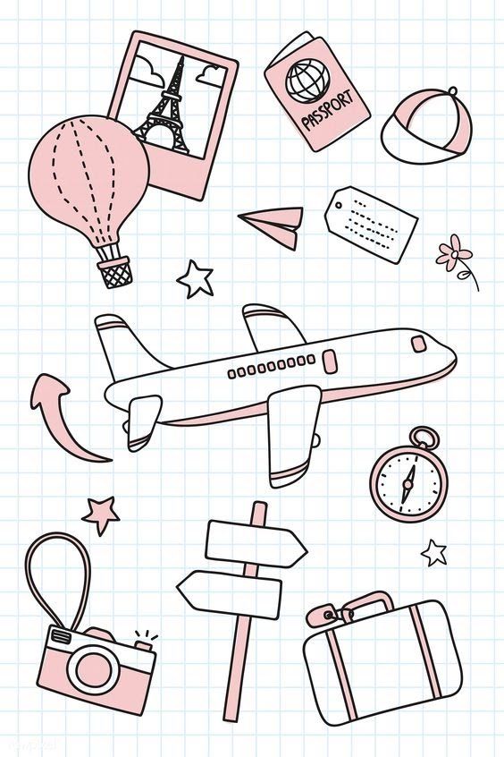 an airplane, suitcases, and other items are drawn on a sheet of paper