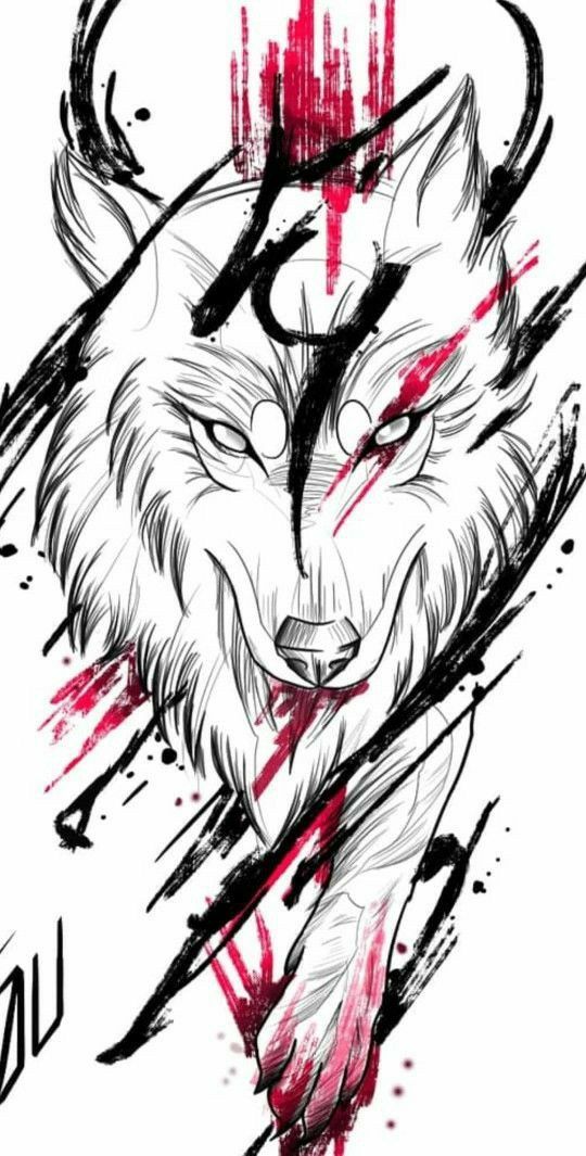 a drawing of a wolf's head with red paint splattered on it