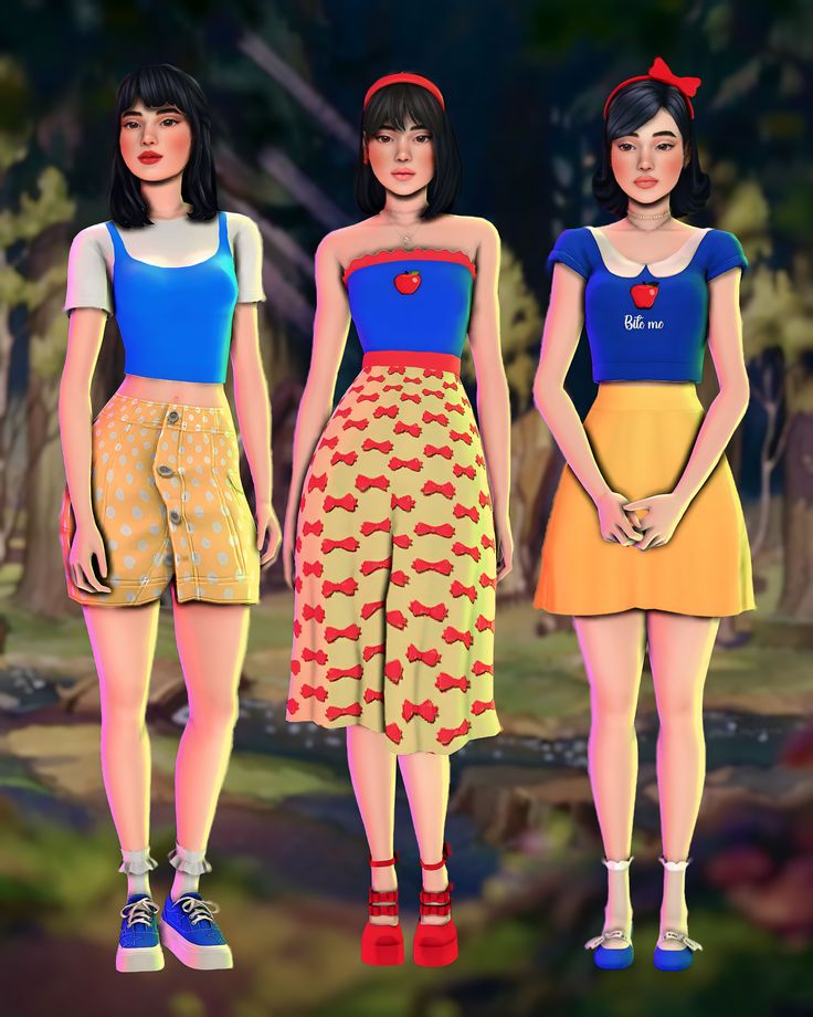 three women in different outfits standing next to each other on a forest floor with trees