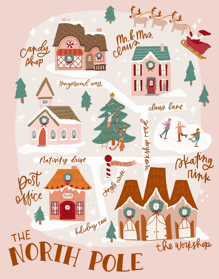 the north pole christmas map is shown in pink