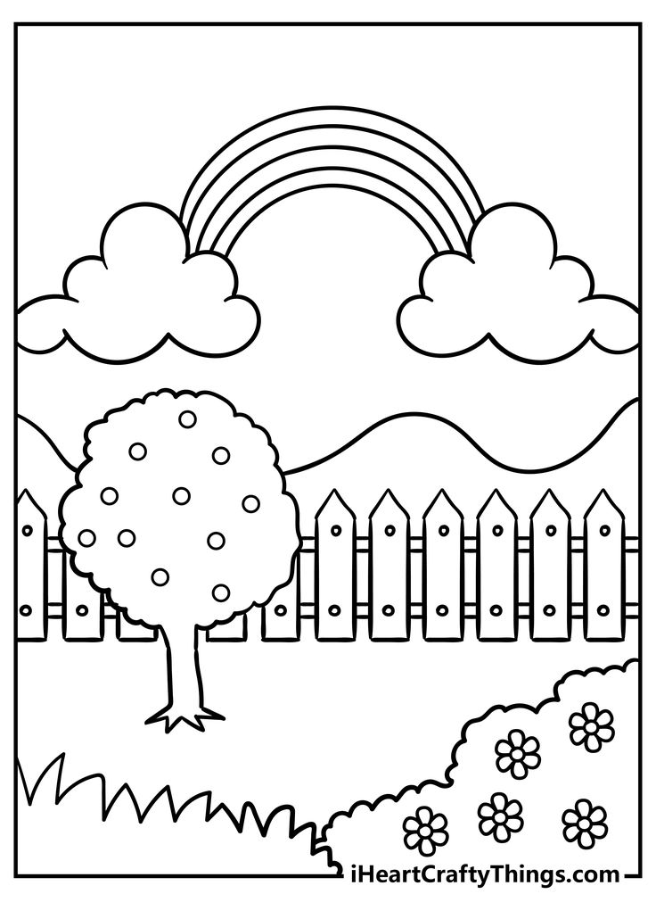 a black and white drawing of a fence with a rainbow in the sky above it