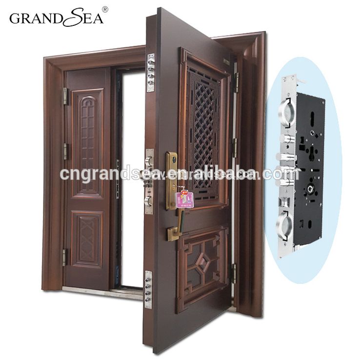 an open wooden door with metal handle and lock on the outside wall, which is attached to