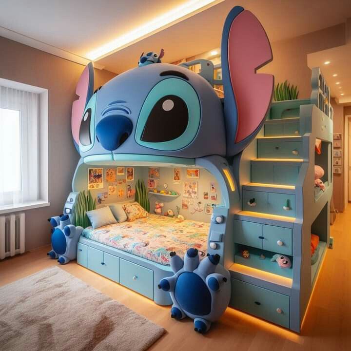 a child's bedroom decorated in blue and pink with an elephant themed bunk bed