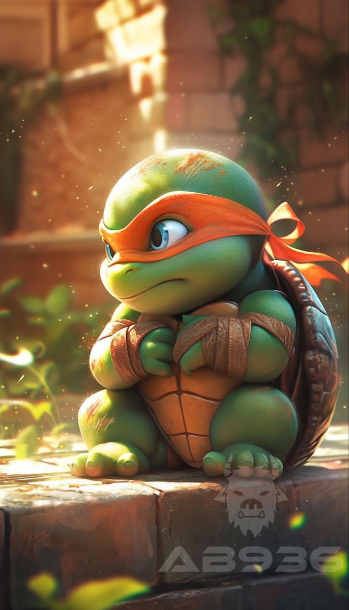 a cartoon turtle sitting on top of a brick wall