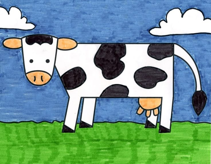 a drawing of a black and white cow standing in the grass under a cloudy sky