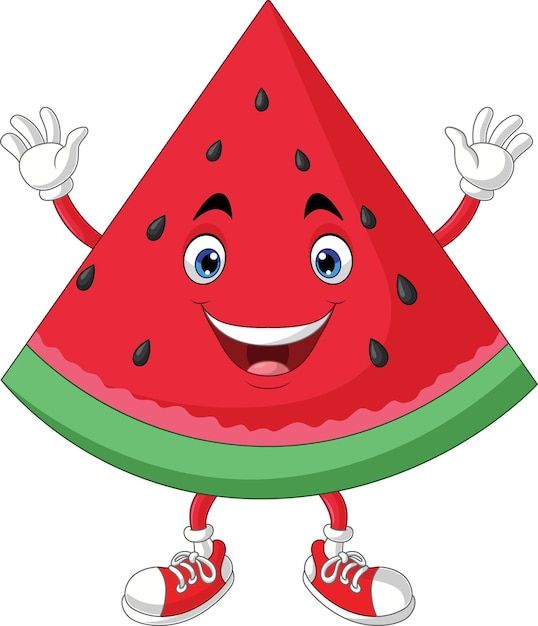 a cartoon watermelon character waving and smiling