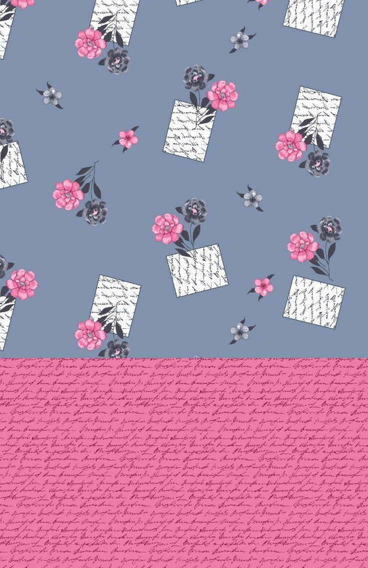 a blue background with pink and white flowers on the left, and an image of two squares