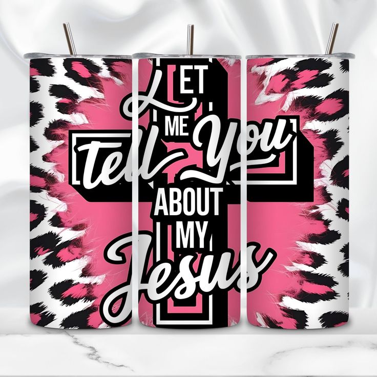 two pink and black crosses with the words let me tell you about my jesus