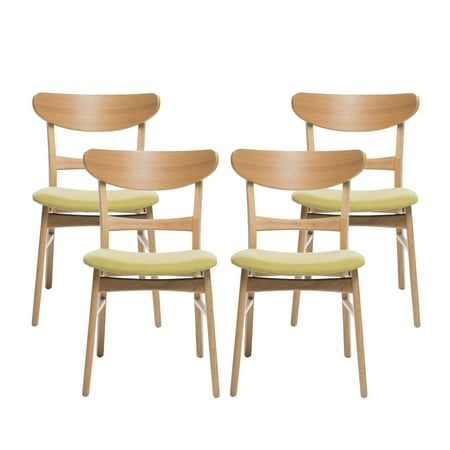 three wooden chairs with green upholstered seats on each one and the other side