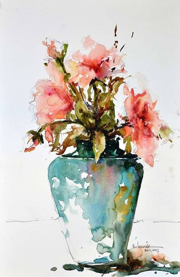 watercolor painting of pink flowers in a blue vase on a white tablecloth background