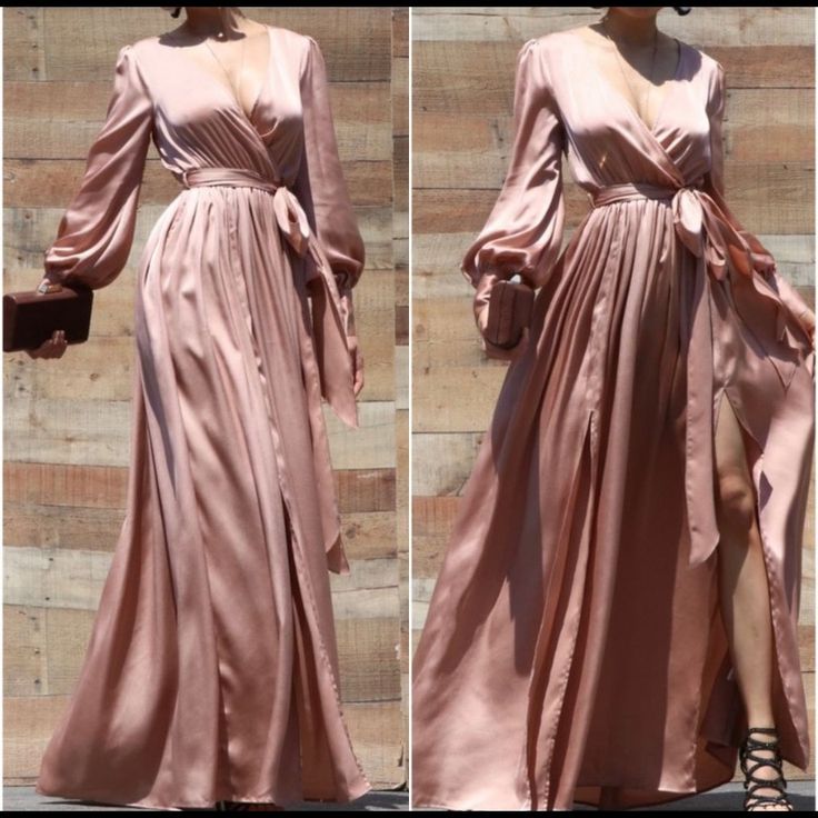 Gorgeous Champagne Color. The Sleeves Are Button And So Elegant. Slightly Balloon Sleeved. Elastic Waist Band With Tie. Two Slits. Room For Larger Chests! Model Is Wearing A Small 2/4 (5’6” 34/25/34) M Recommend For 6/8 L Recommend For 10/12 Size Up If You Are Between Sizes Sizes S,M,L Available Check Out My Closet For More Listings 3/$20 Bundle Deals 15% Off A Bundle Of 4 Or More Free Shipping On Orders Of $50 Or More Satin V-neck Maxi Dress With Side Slits, Satin Maxi Dress With Side Slits And V-neck, Elegant Pink Split Maxi Dress, Spring Formal Split Maxi Dress, Spring Formal Maxi Dress With Split, Pink Long Sleeve Satin Maxi Dress, Pink Satin Long Sleeve Maxi Dress, Pink Satin Maxi Dress With Long Sleeves, White Maxi Dress Summer