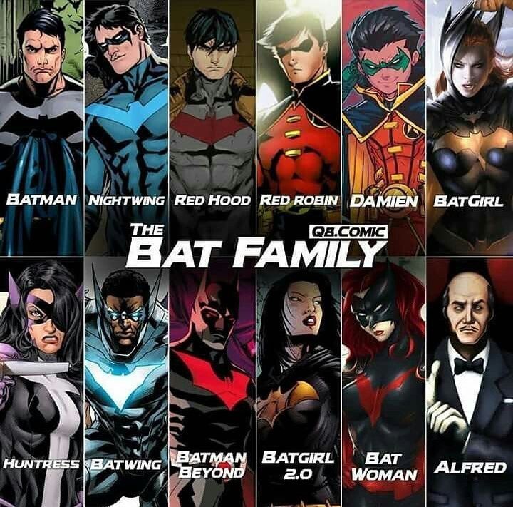 an image of the batman family in comic books and comics, all with their names on them