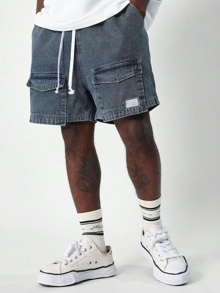 Shorts Cargo de Denim Lavado com Elástico Azul    Jeans  Perna reta Não elástico  Men Clothing, size features are:Bust: ,Length: ,Sleeve Length: Short Cargo, Denim Cargo, Cargo Short, Shorts Cargo, Couple Matching, Elegant Dresses Long, Dark Jeans, Shorts Jeans, Washed Denim