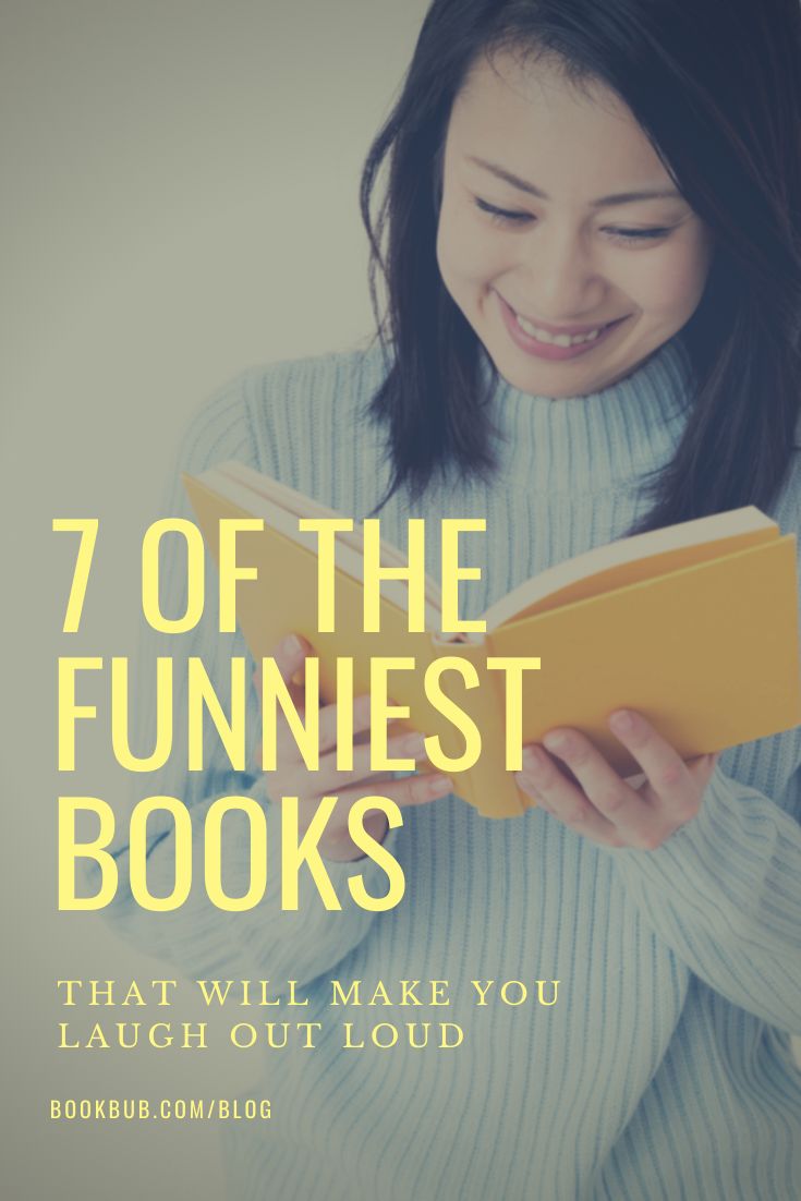 a woman reading a book with the title 7 of the funniest books that will make you laugh out loud