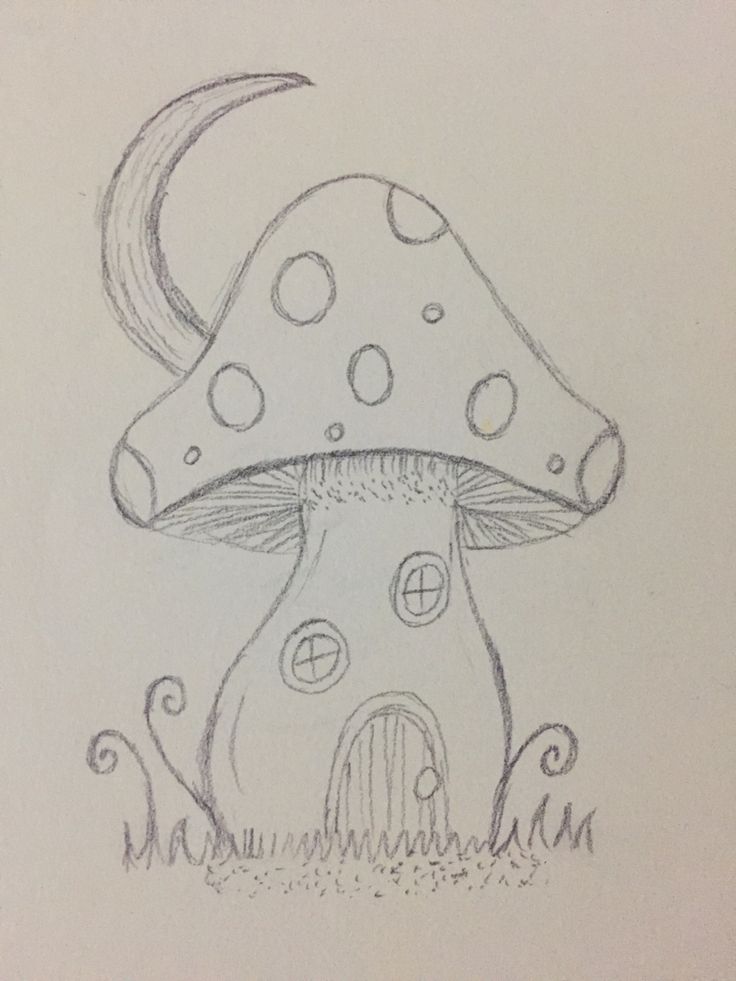 a drawing of a mushroom house in the grass