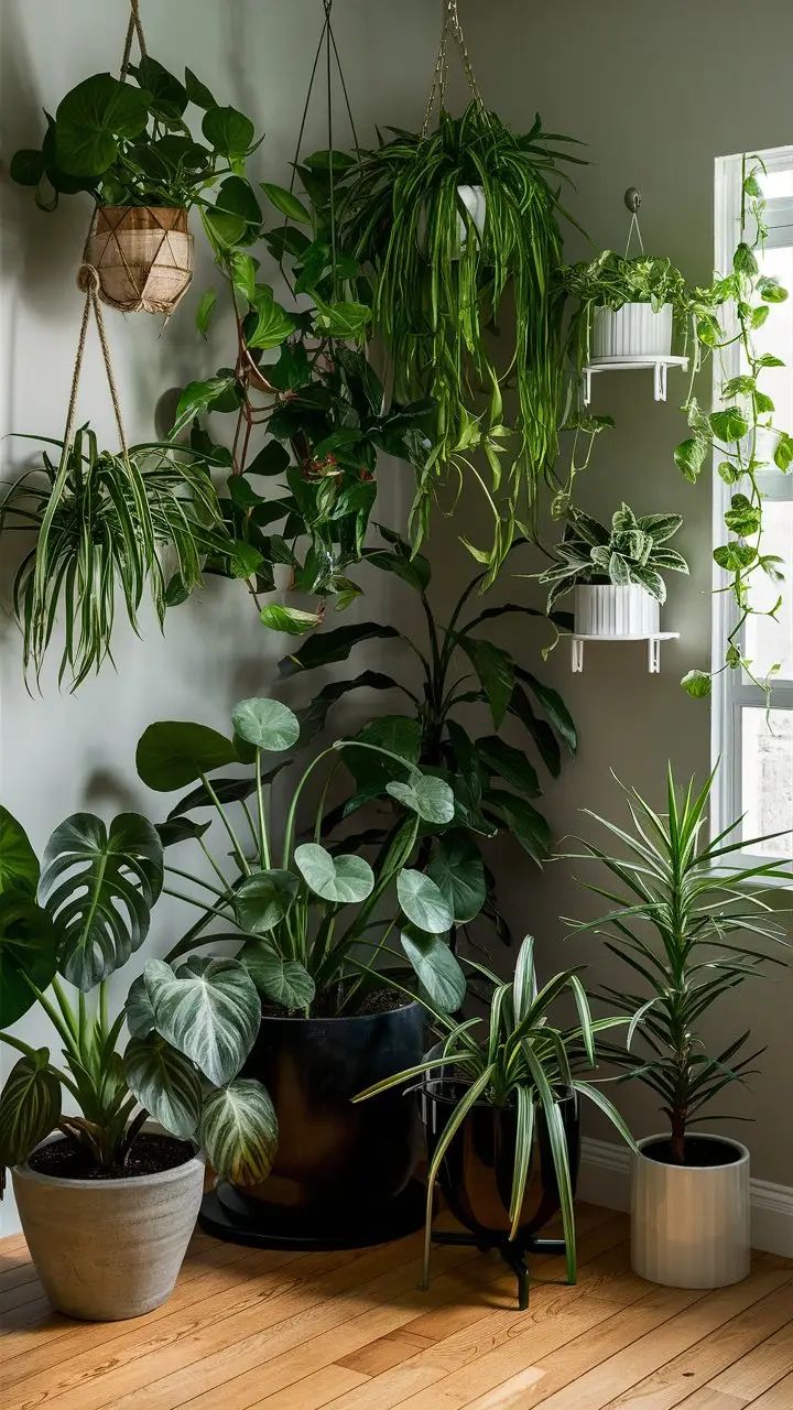 many houseplants are hanging up on the wall in this room with wood flooring