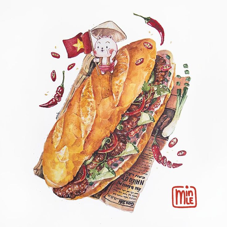 a watercolor drawing of two sub sandwiches on top of each other with chilis and condiments around them