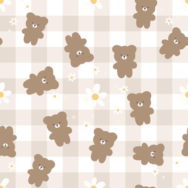 a brown teddy bear pattern with daisies on a white and beige checkered background