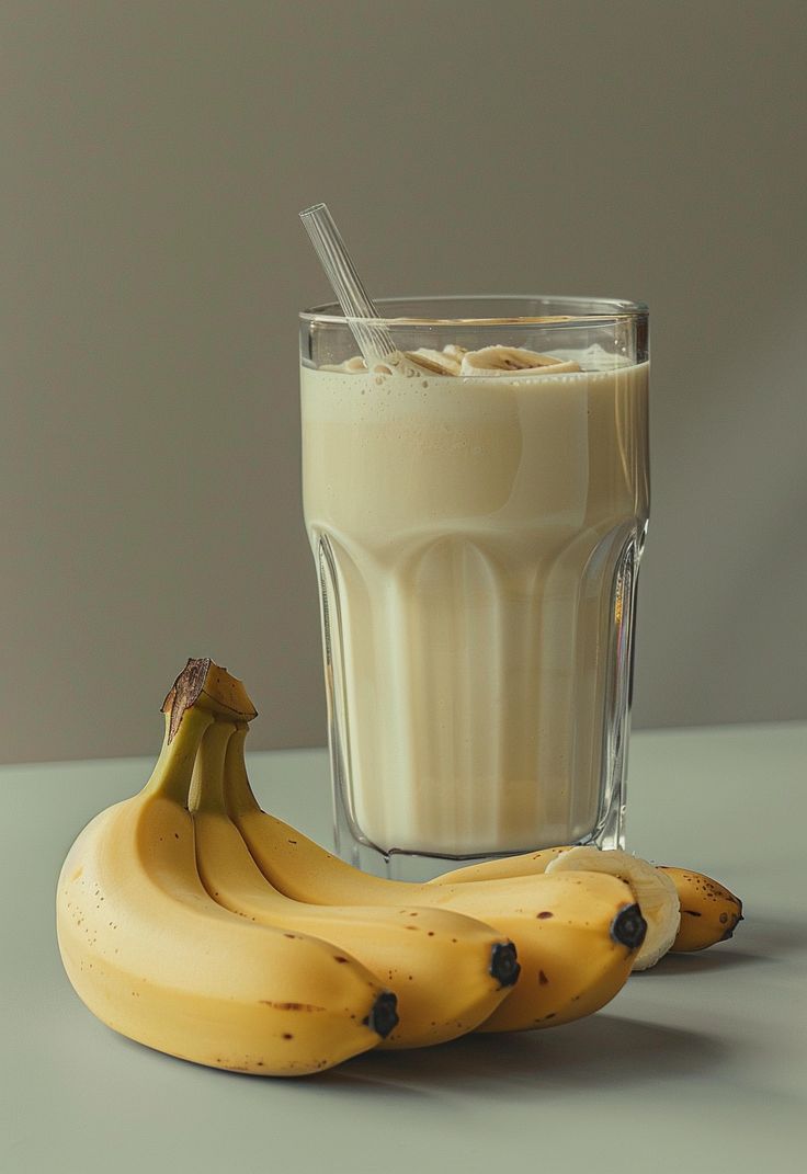 a banana sitting next to a glass of milk