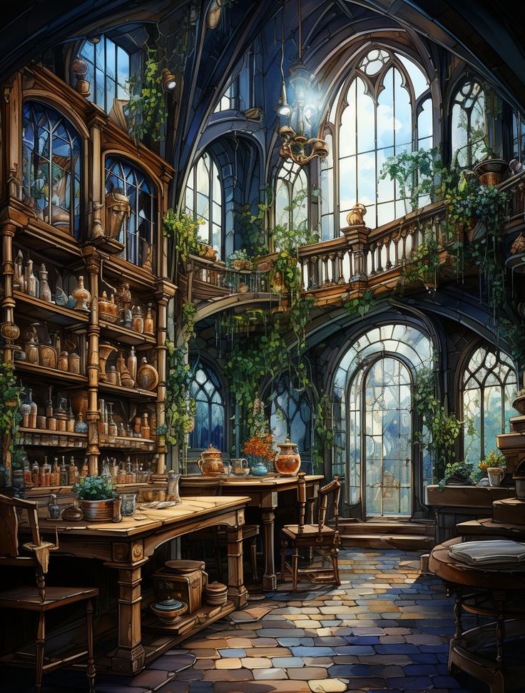 a painting of a room with many windows and lots of plants on the shelves in it