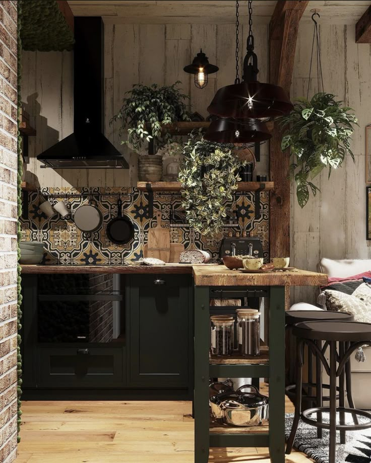 a kitchen with an island and potted plants