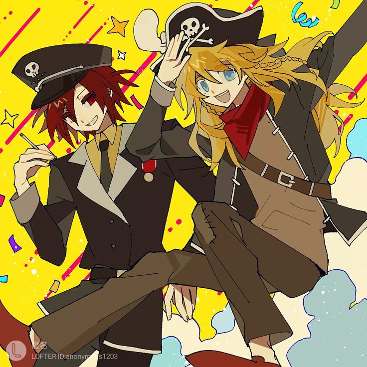 two anime characters dressed in pirate costumes, one with long hair and the other with blonde hair