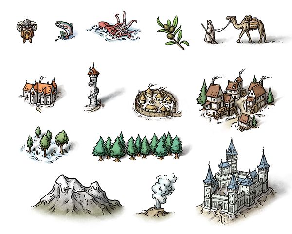 an illustrated set of different types of buildings and trees