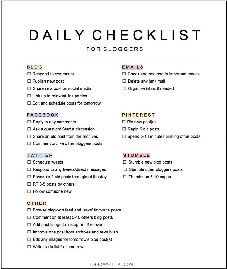 the daily checklist for bloggers is shown in black and white with red accents