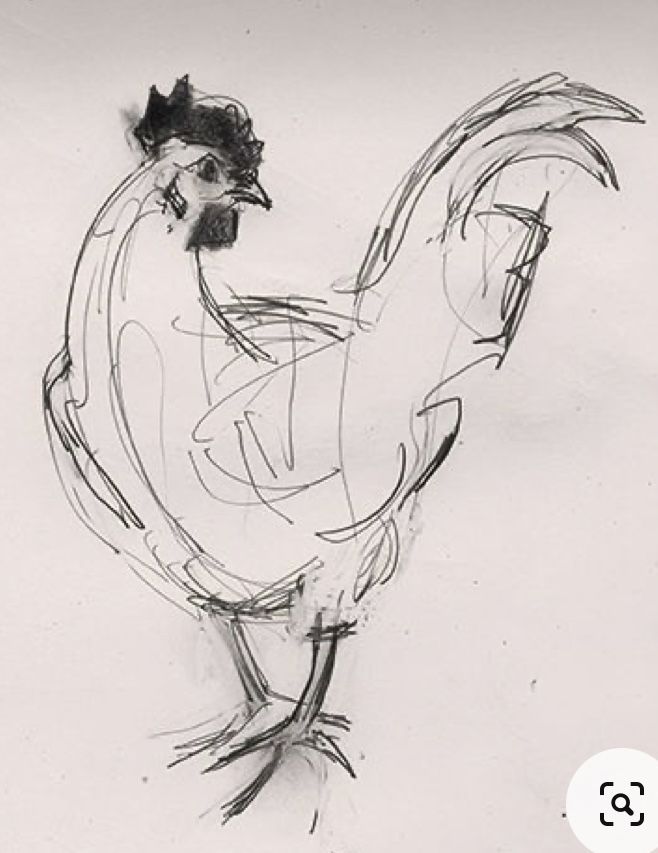 a black and white drawing of a rooster