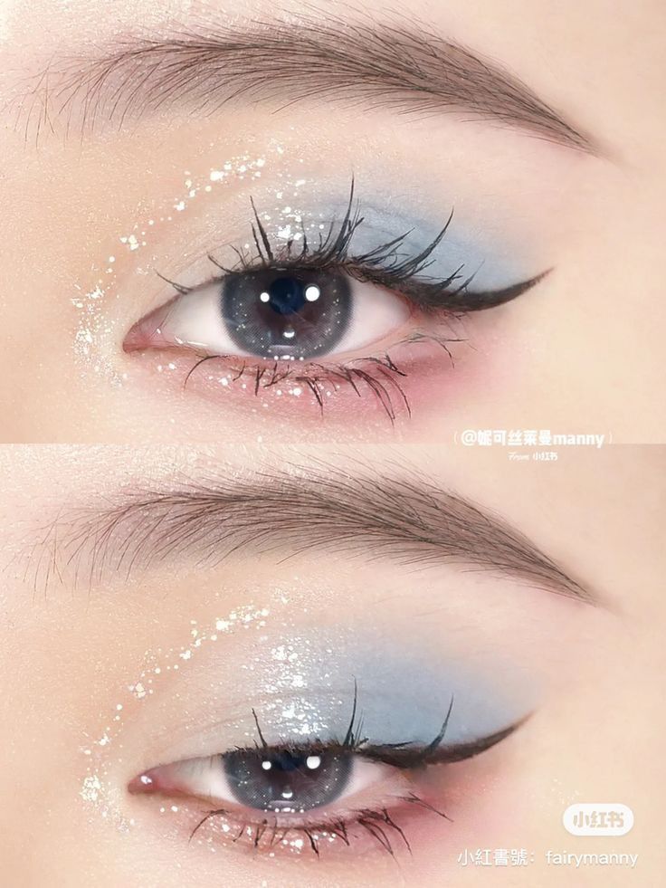 Blue Glitter Eyeshadow, White Eye Makeup, Flower Knows, Cute Eye Makeup, Doll Eye Makeup, Korean Eye Makeup, Rave Makeup, Makeup Accesories, Swag Makeup