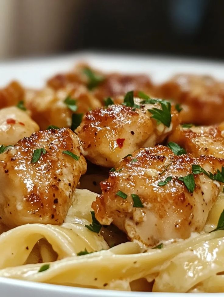 pasta with chicken and parmesan cheese in a white bowl