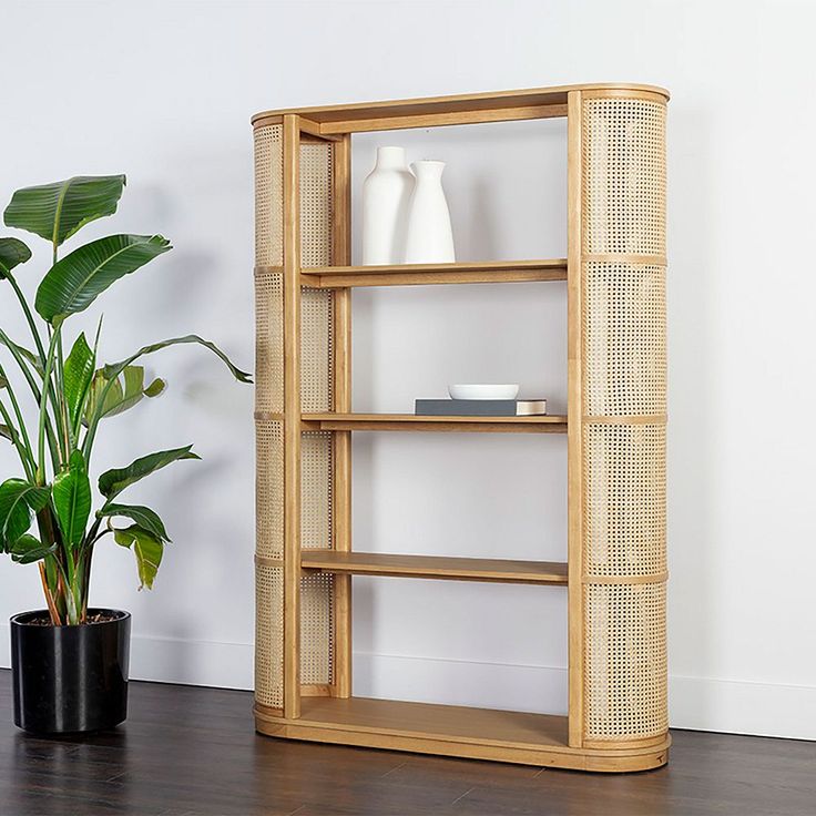 a wooden shelf next to a potted plant on top of a hard wood floor