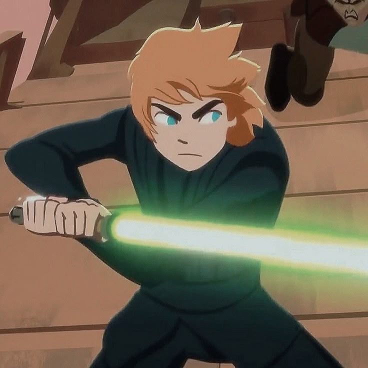 a cartoon character holding a green light saber