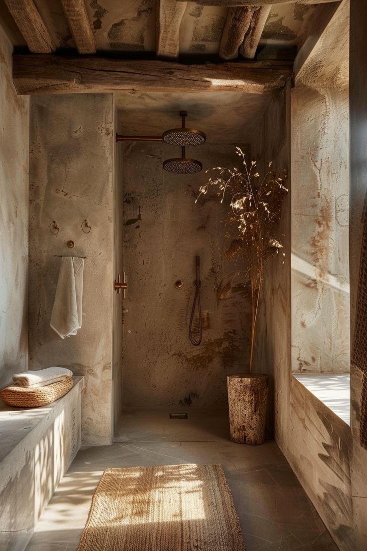 a bathroom with stone walls and flooring next to a bathtub filled with plants